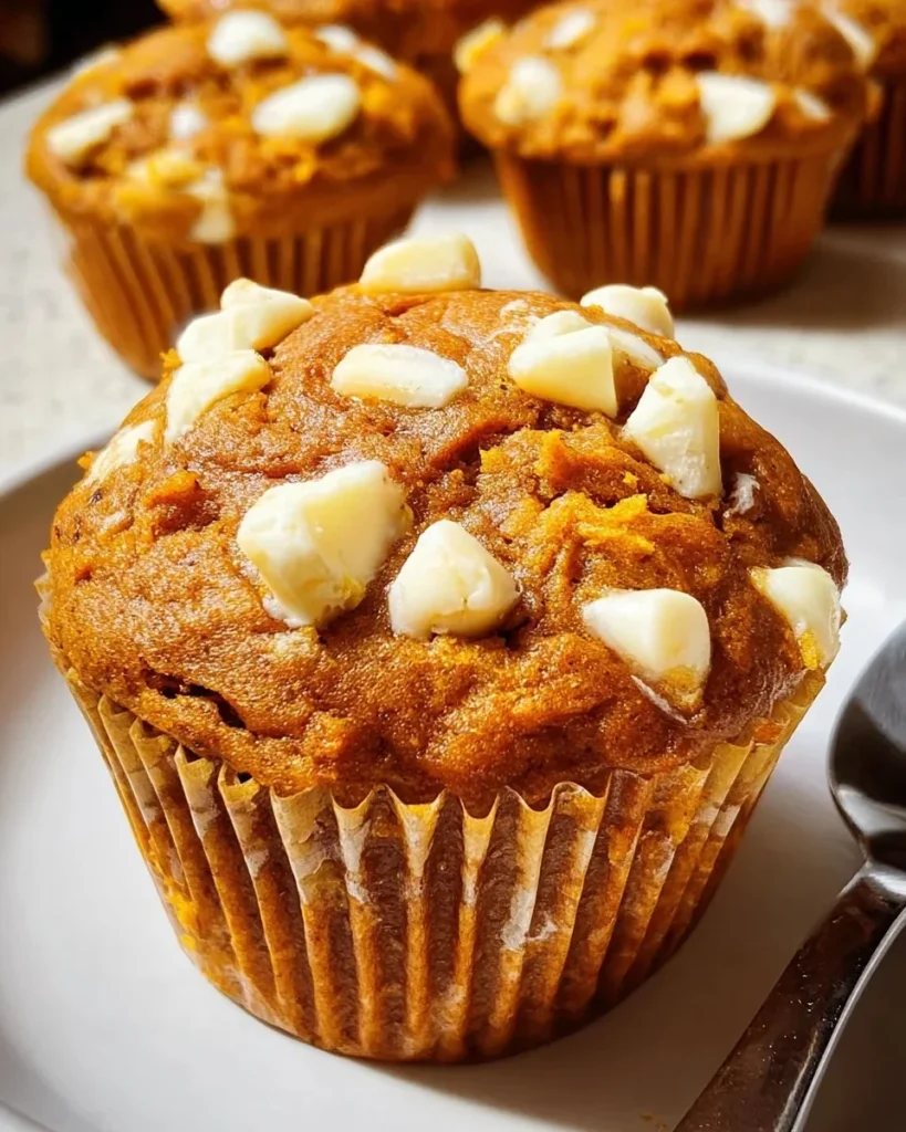 Delicious Pumpkin Muffins with White Chocolate chunks on a rustic backdrop