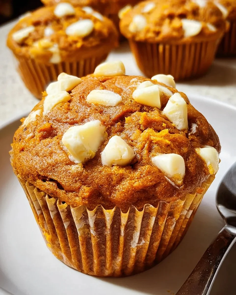 Delicious Pumpkin Muffins with White Chocolate chunks on a rustic backdrop