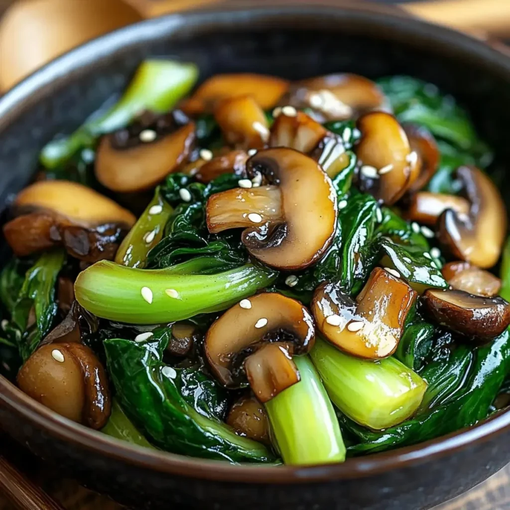 Quick and easy bok choy and mushroom stir fry dish on a plate