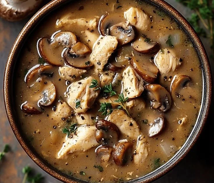 Bowl of Quick Mushroom Soup garnished with fresh herbs
