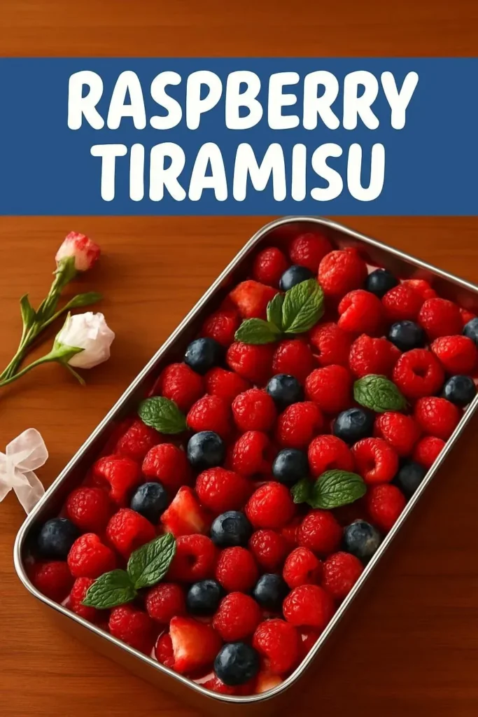 Delicious raspberry tiramisu dessert with fresh raspberries and cocoa