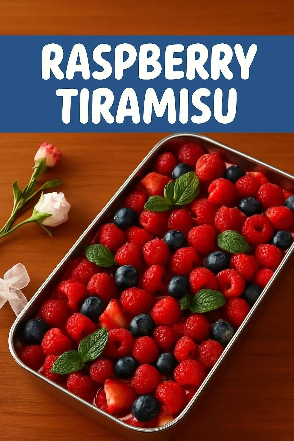 Delicious raspberry tiramisu dessert with fresh raspberries and cocoa