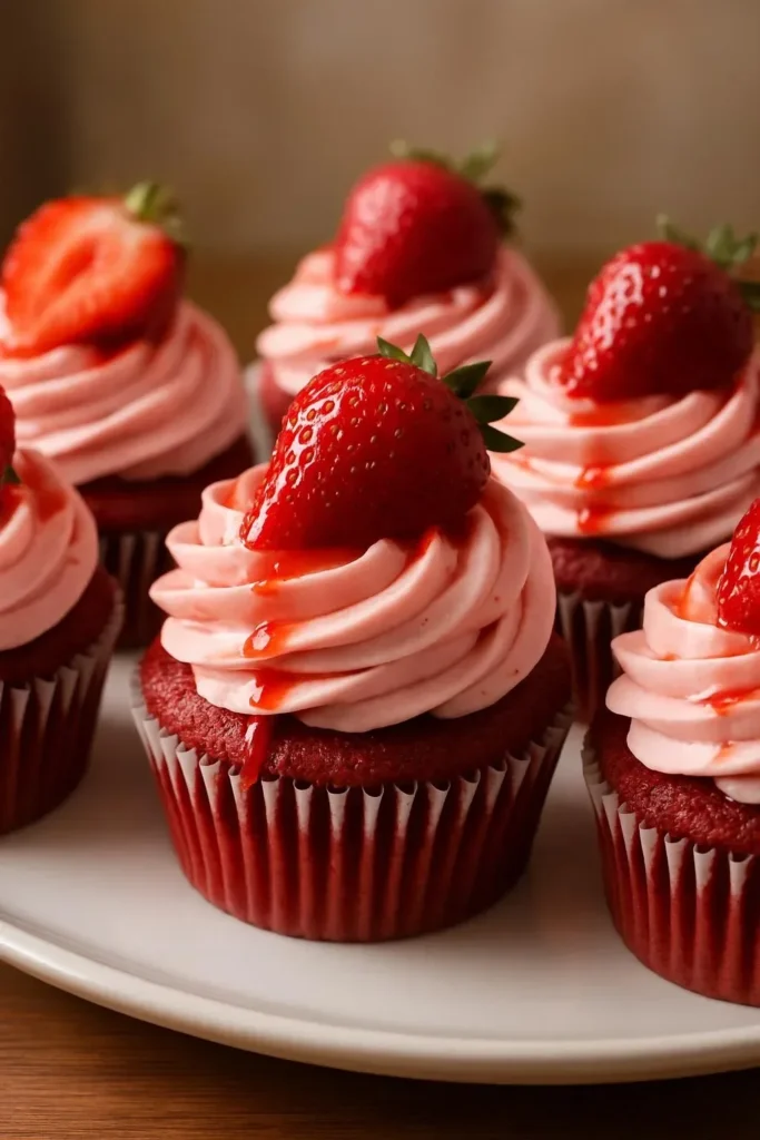 Red velvet cupcakes with pink buttercream frosting on a plate.