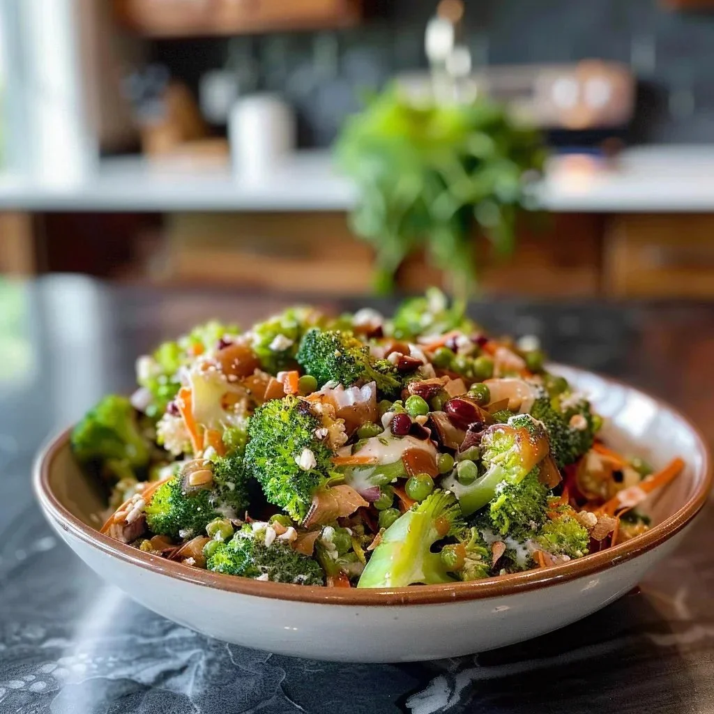Bowl of refreshing broccoli salad with colorful vegetables and dressing