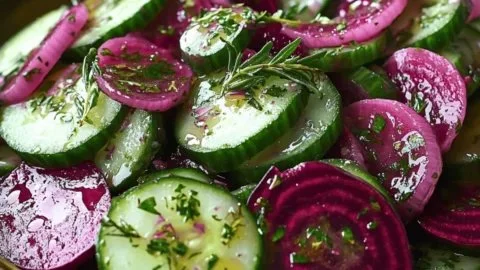 Refreshing cucumber beetroot salad with fresh herbs and colorful vegetables.