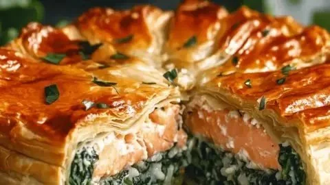 Rice and spinach puff pastry salmon cake served on a plate