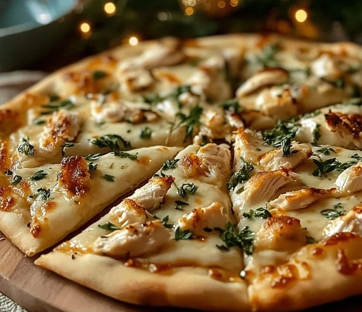 Delicious roasted garlic white chicken pizza topped with cheese and herbs