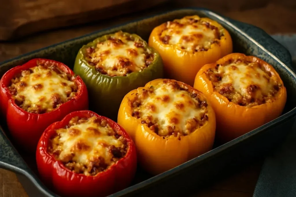 Roasted Italian stuffed peppers with turkey, rice, and Asiago cheese