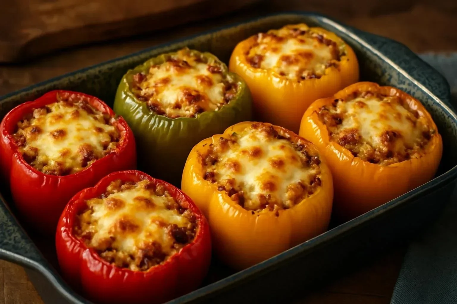 Roasted Italian stuffed peppers with turkey, rice, and Asiago cheese