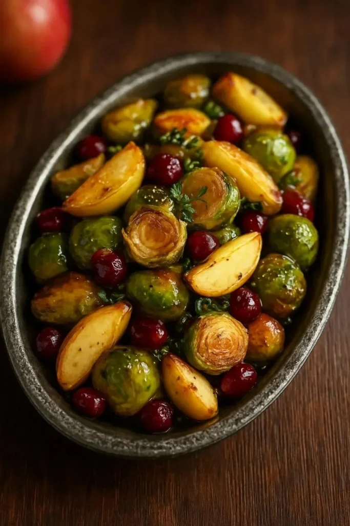 Roasted Pear and Cranberry Brussels Sprouts served in a dish
