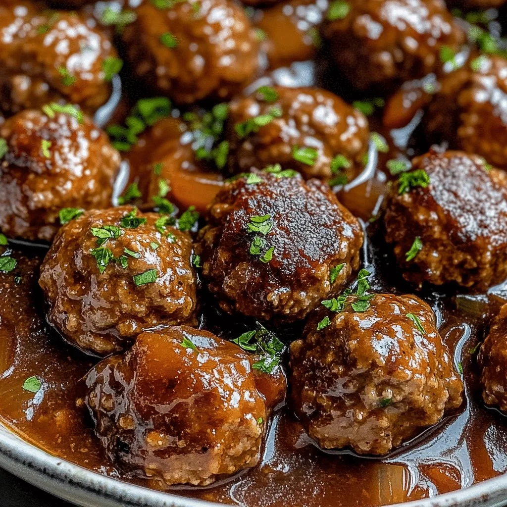 Plate of Salisbury steak meatballs served with gravy and mashed potatoes