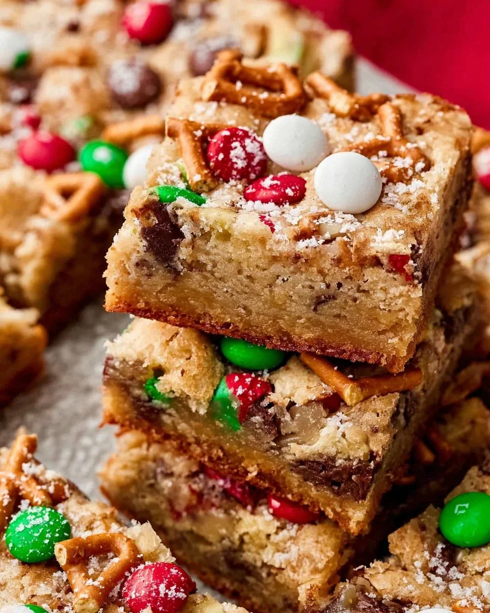 Delicious Santa's Trash Cookie Bars with festive toppings and colorful sprinkles.