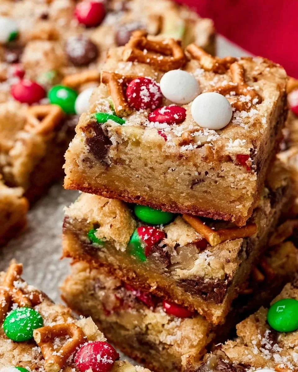 Santa's Trash Cookie Bars loaded with chocolate, nuts, and festive treats