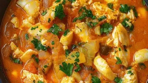 A bowl of delicious Spanish fish stew with fresh seafood and spices.