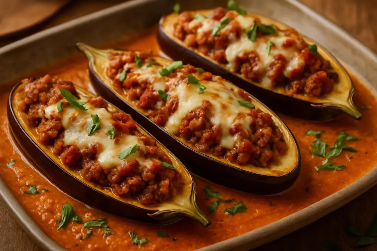 Savory eggplant lasagna boats served on a plate with cheese and herbs