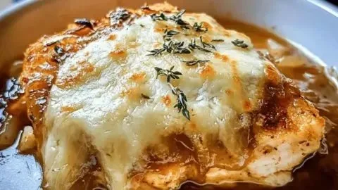 Savory French Onion Chicken Bake topped with melted cheese and caramelized onions.