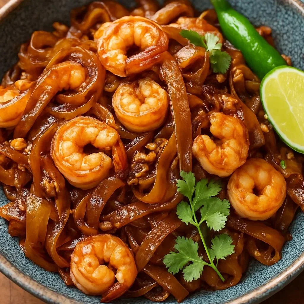 Plate of savory fried rice noodles garnished with fresh vegetables