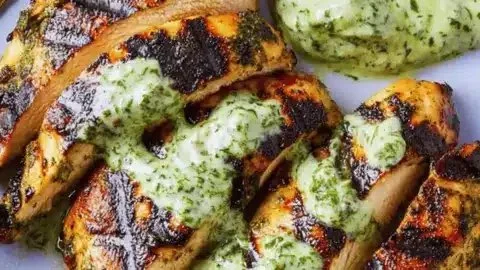 Savory Green Goddess Grilled Chicken on a plate with fresh herbs and vegetables