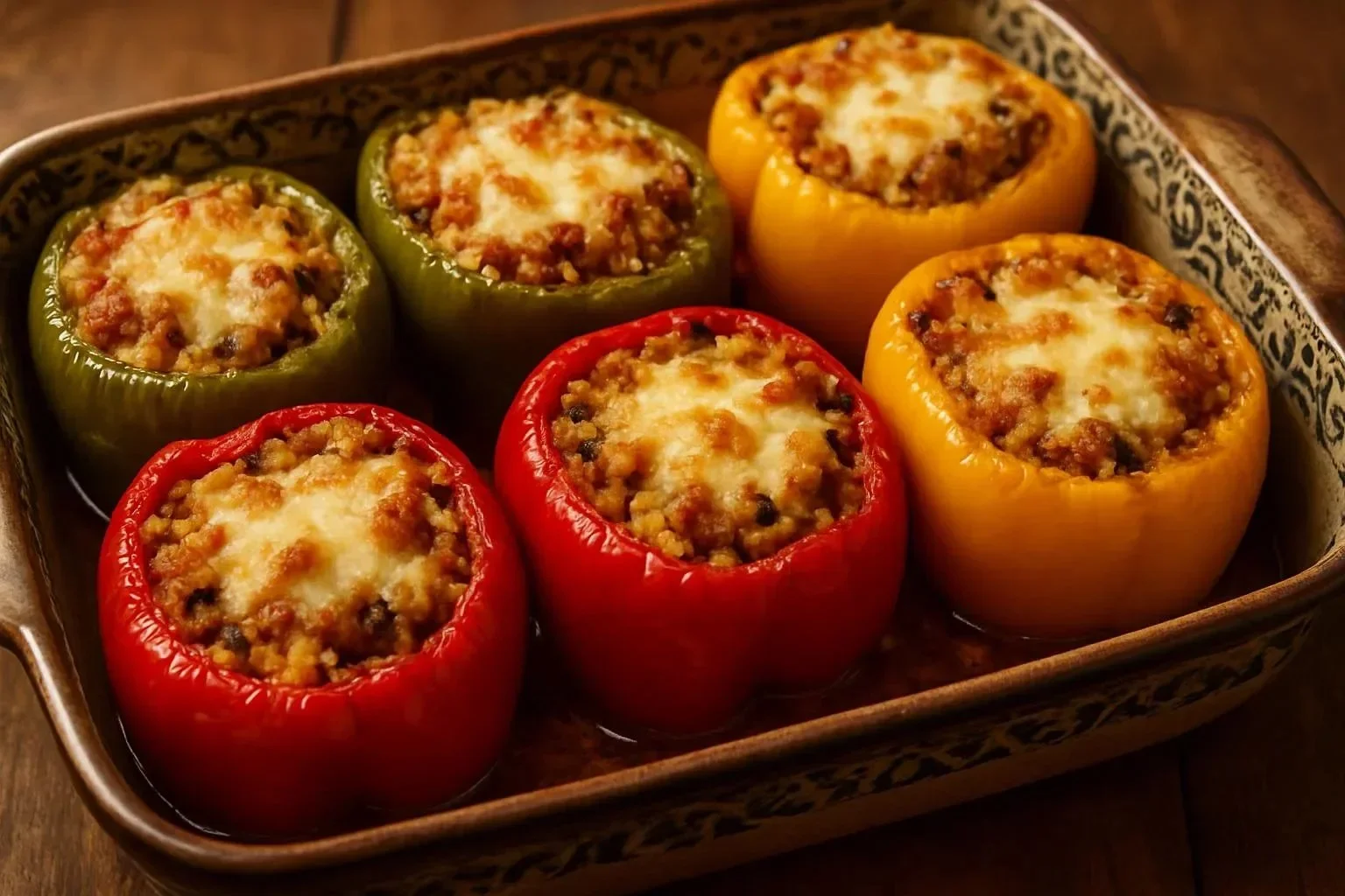 Savory roasted Italian stuffed peppers with turkey and rice topped with Asiago cheese.