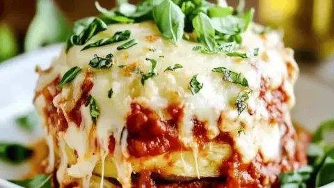 Slow cooker eggplant parmesan served in a dish with melted cheese and herbs