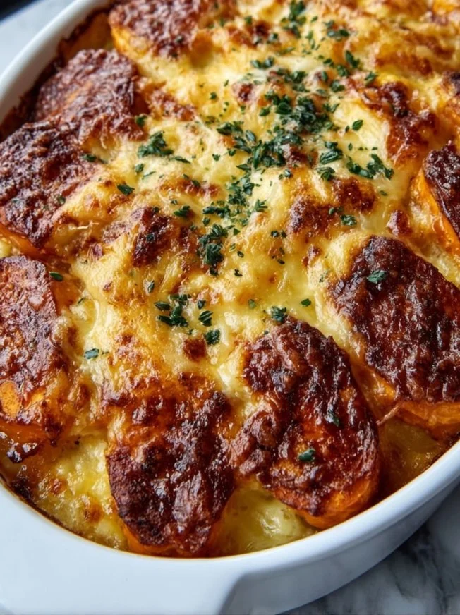 Creamy scalloped sweet potatoes baked to perfection
