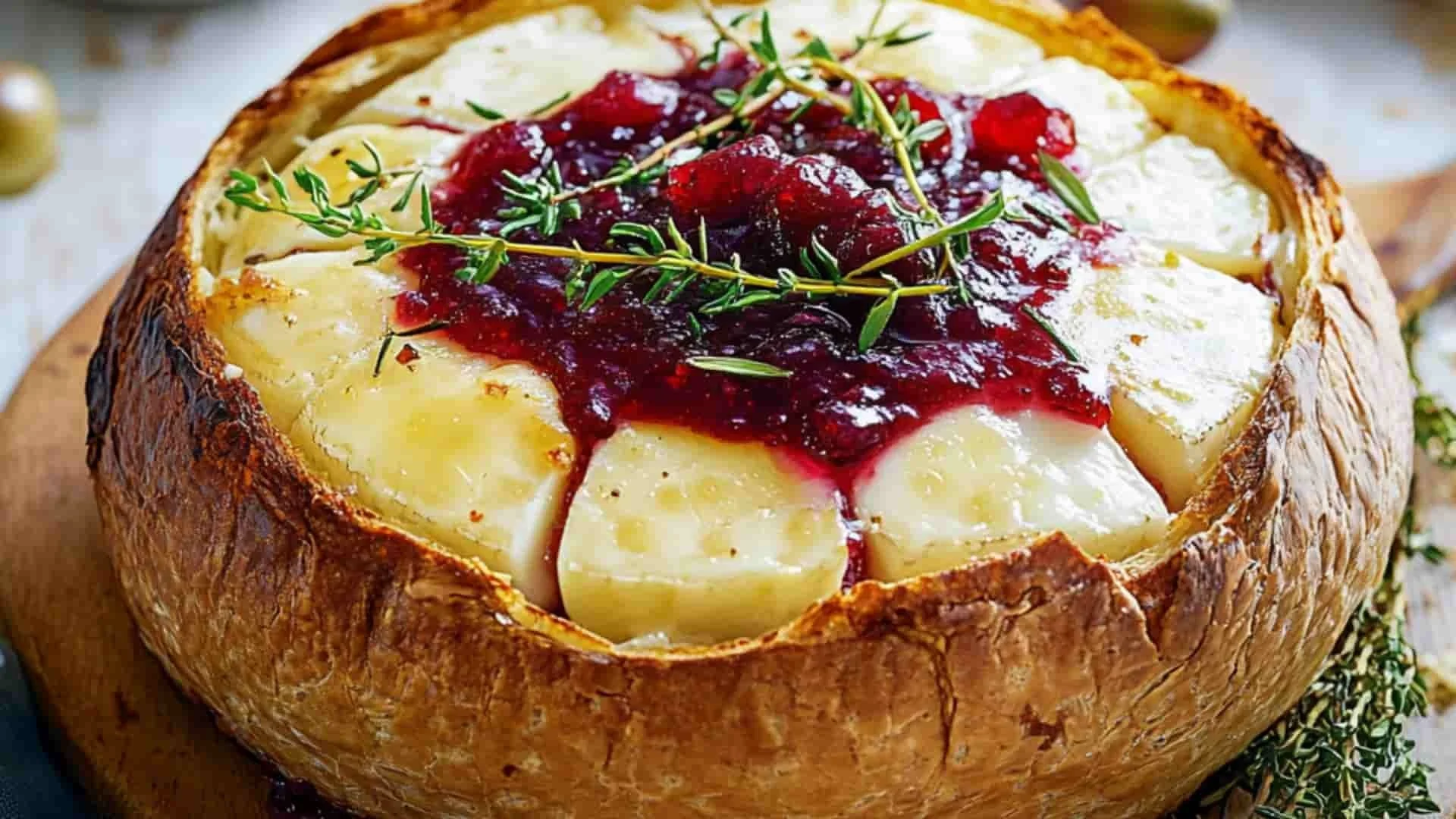 Show-stopping baked brie cob with cranberry sauce served on a wooden platter