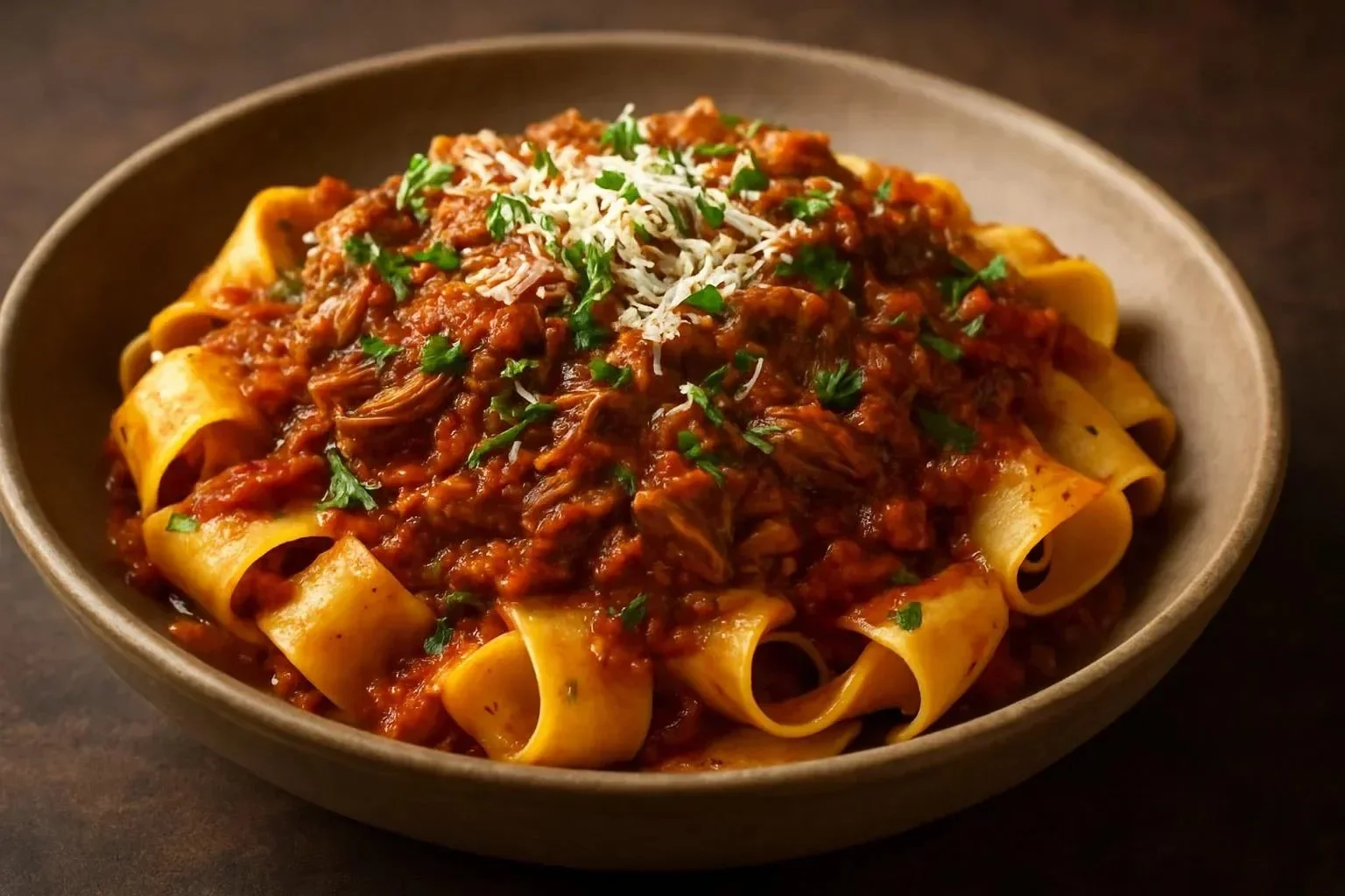 Delicious slow cooker beef ragu served over pappardelle pasta