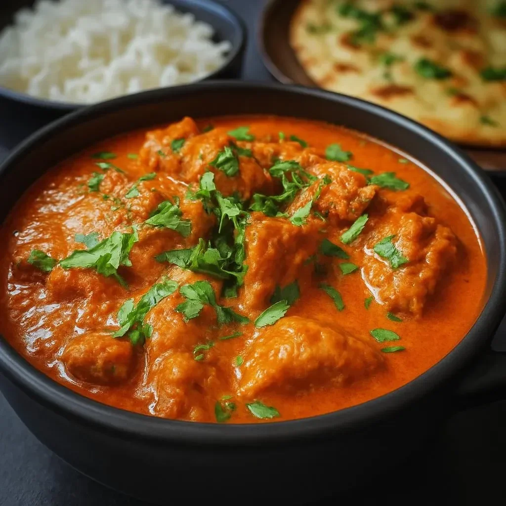 Slow Cooker Chicken Tikka Masala served with rice and naan