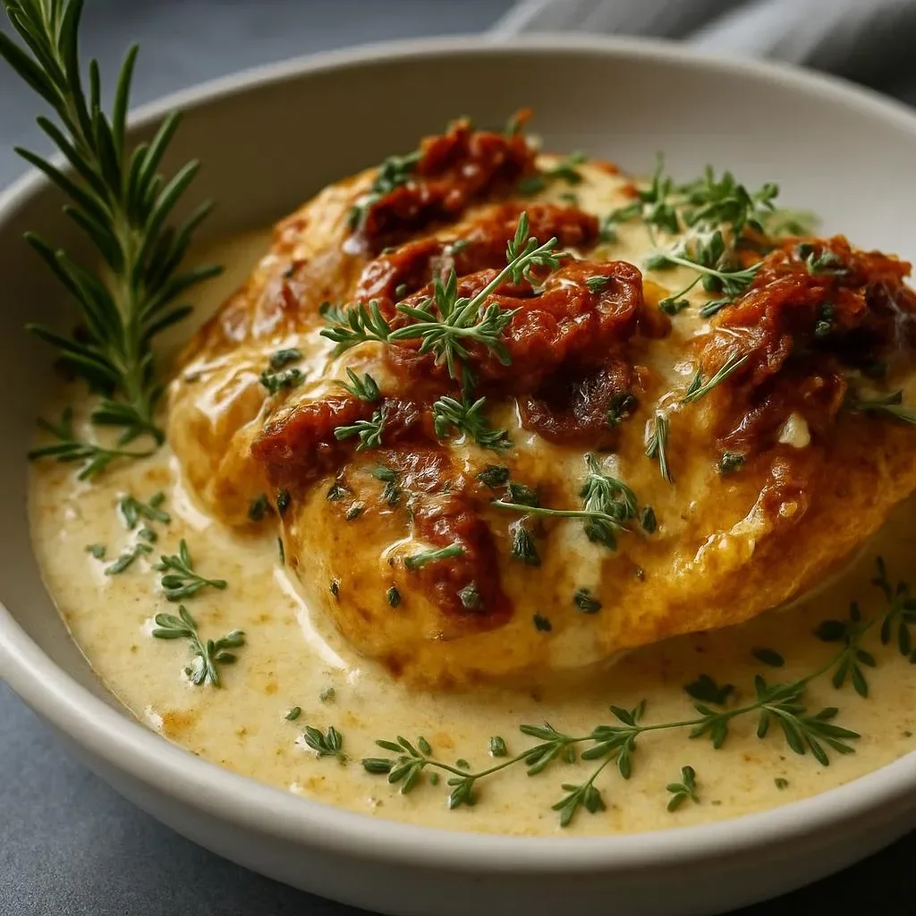 Slow Cooker Creamy Marry Me Chicken served with pasta and garnished with herbs.