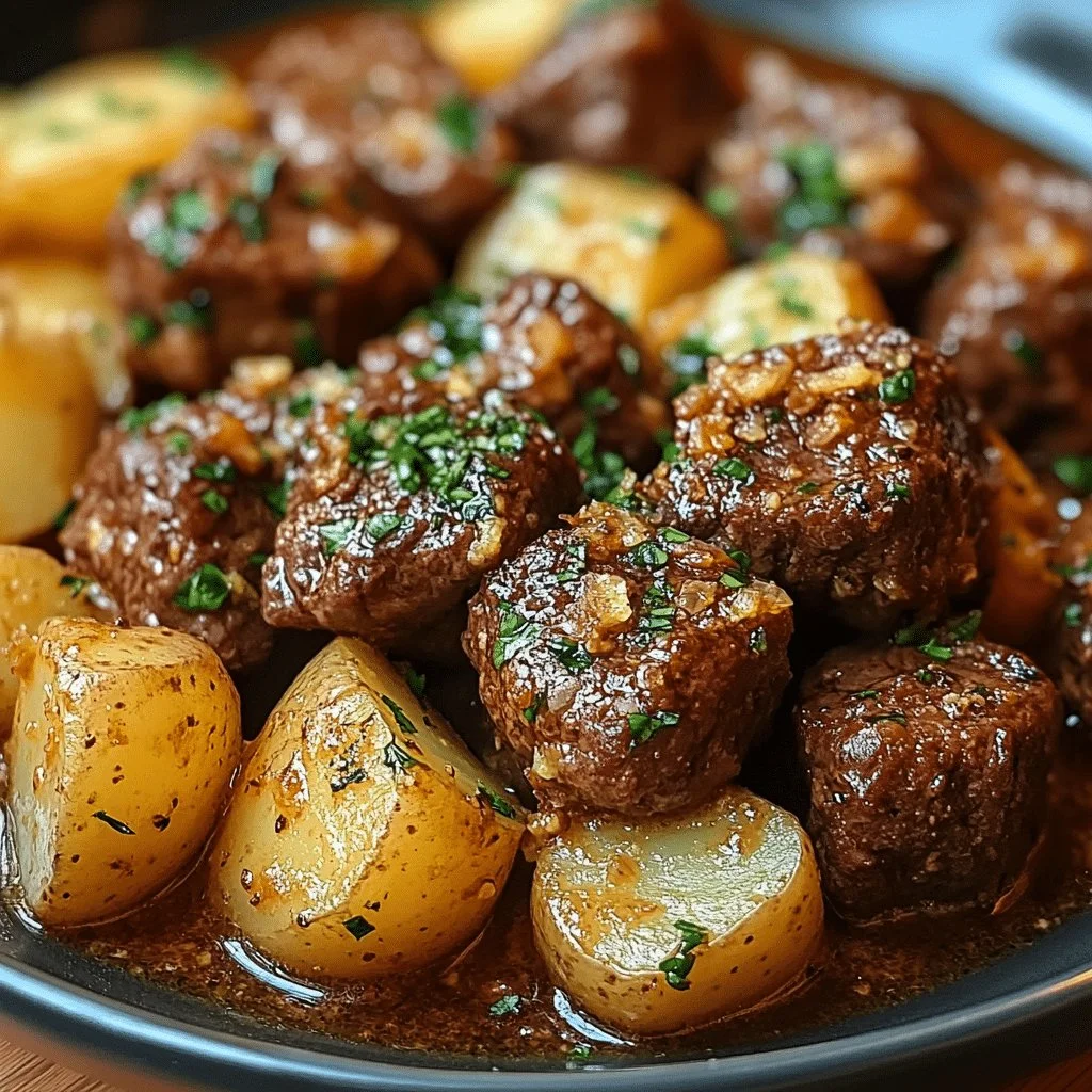 Slow cooker garlic butter beef bites with potatoes in a delicious sauce.