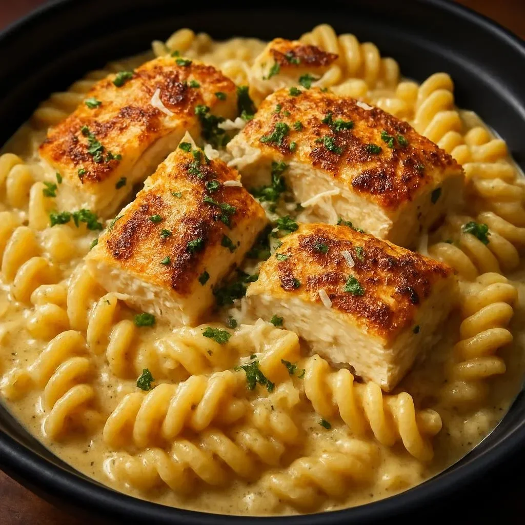 Slow cooker garlic parmesan chicken pasta served with herbs and grated cheese