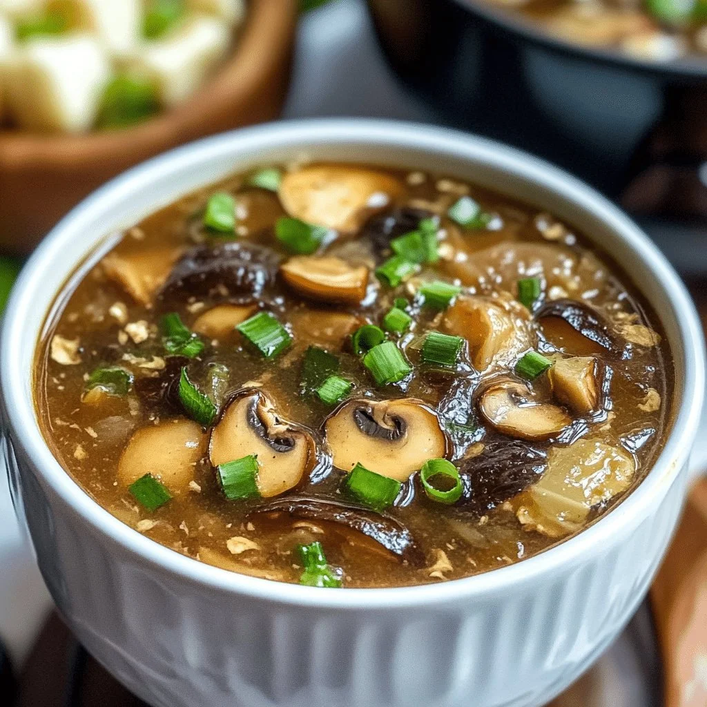 Bowl of Slow Cooker Hot and Sour Soup with fresh ingredients