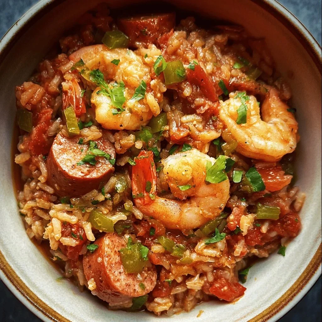 Slow cooker jambalaya with sausage and shrimp in a bowl