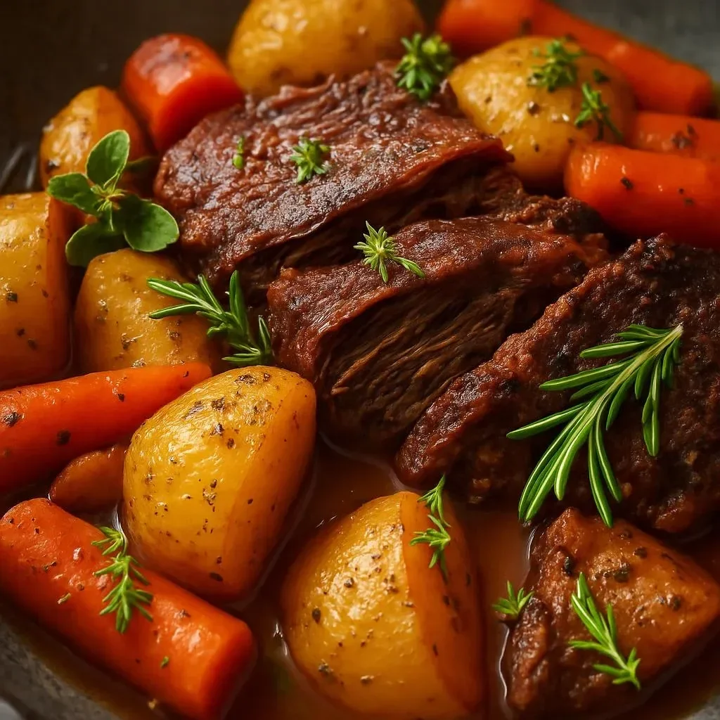 Slow cooker pot roast with vegetables in a serving dish
