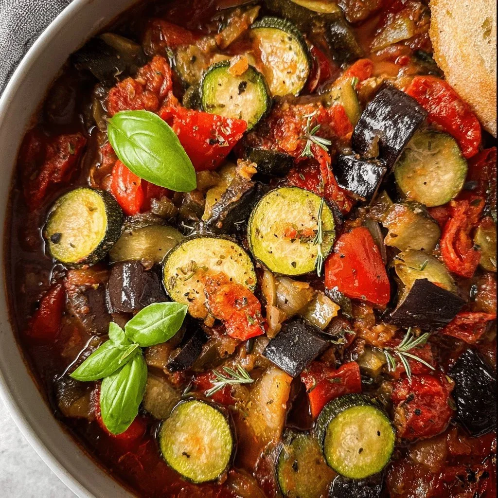 A bowl of colorful slow cooker ratatouille with fresh vegetables and herbs