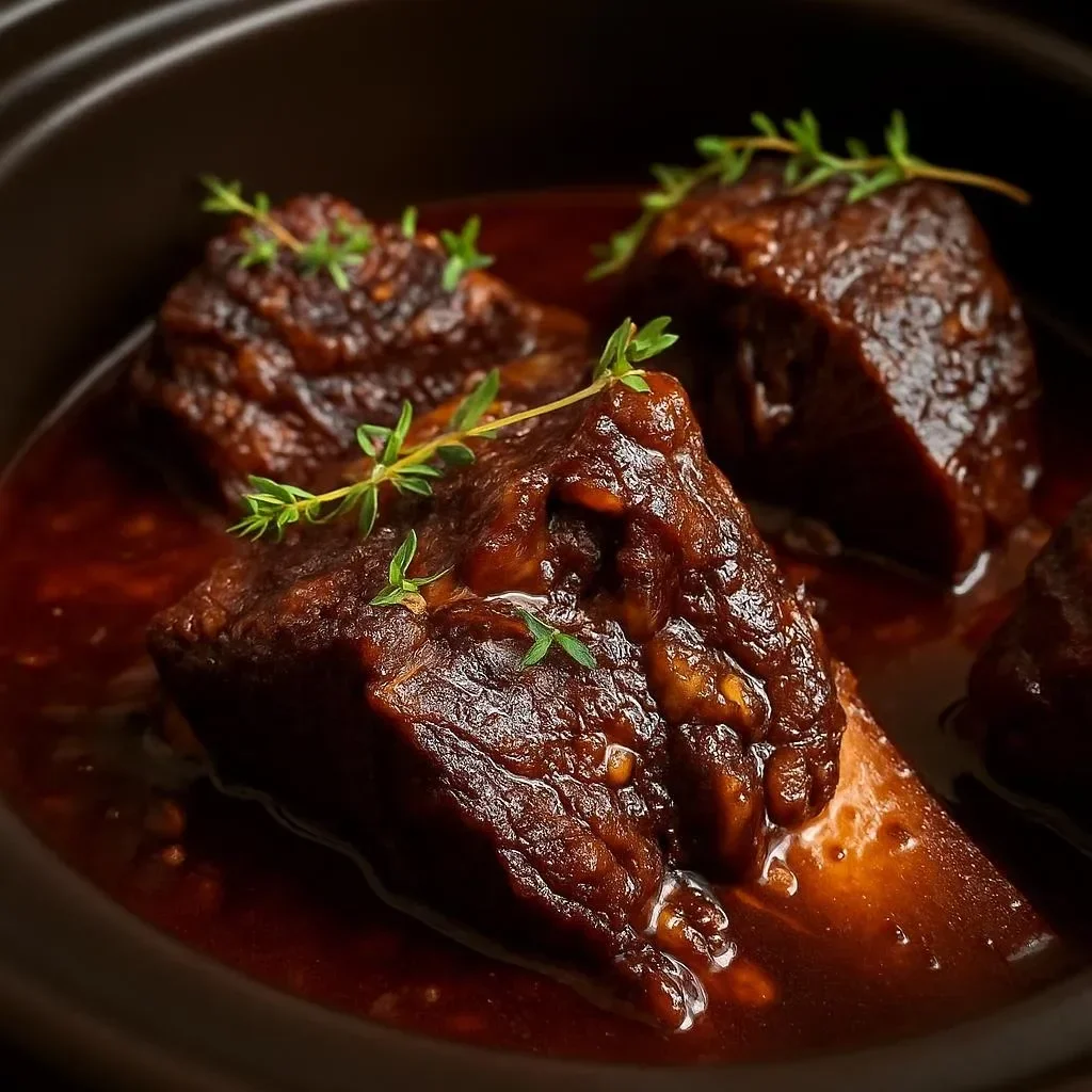 Slow cooker short ribs with red wine sauce served on a plate