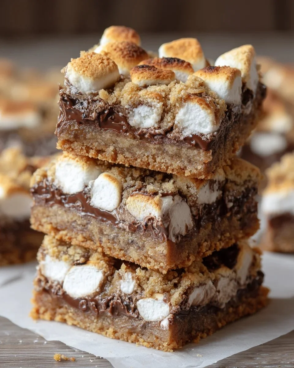 Delicious S'mores Bars with cookie, graham, chocolate, and marshmallow layers