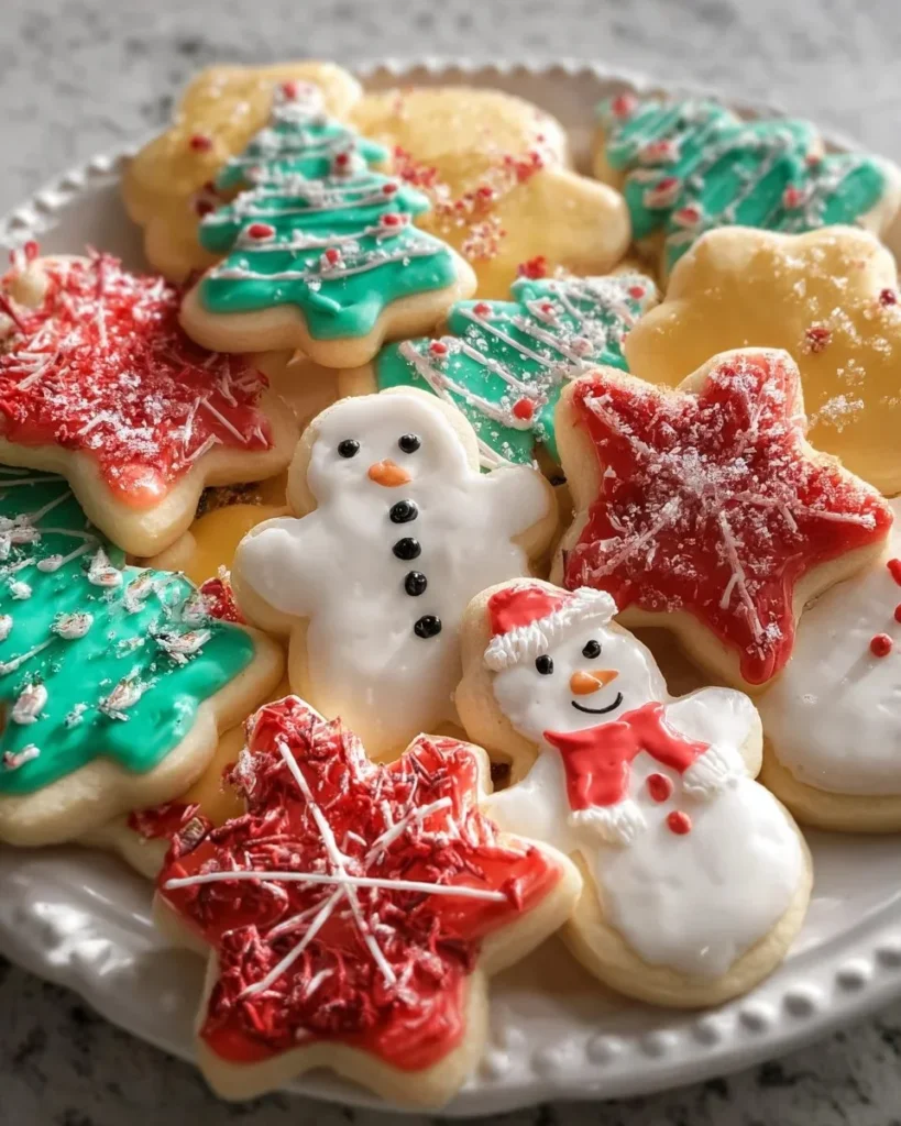 Plate of soft Christmas sugar cookies with colorful icing and festive decorations
