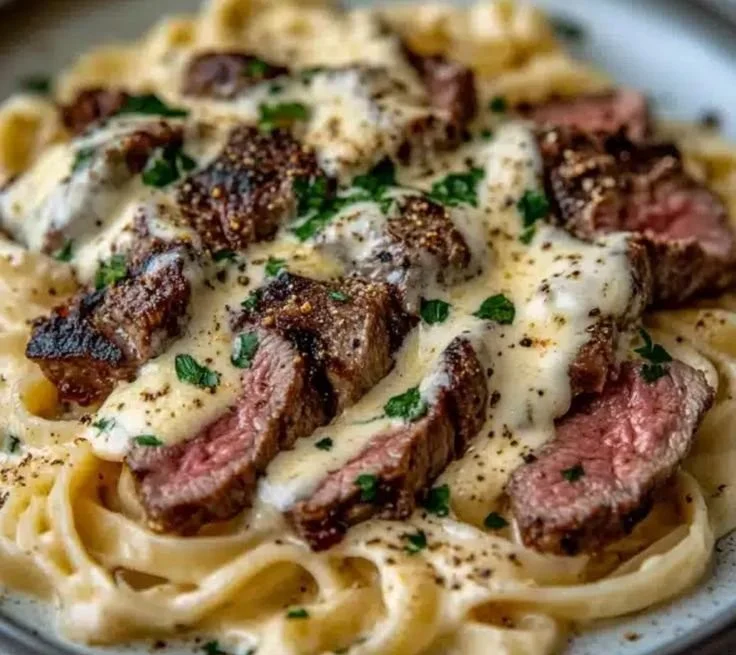 Delicious Steak Gorgonzola Alfredo pasta dish with creamy sauce and grilled steak