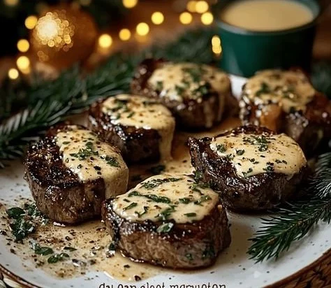 Juicy steak served with creamy garlic sauce on a plate