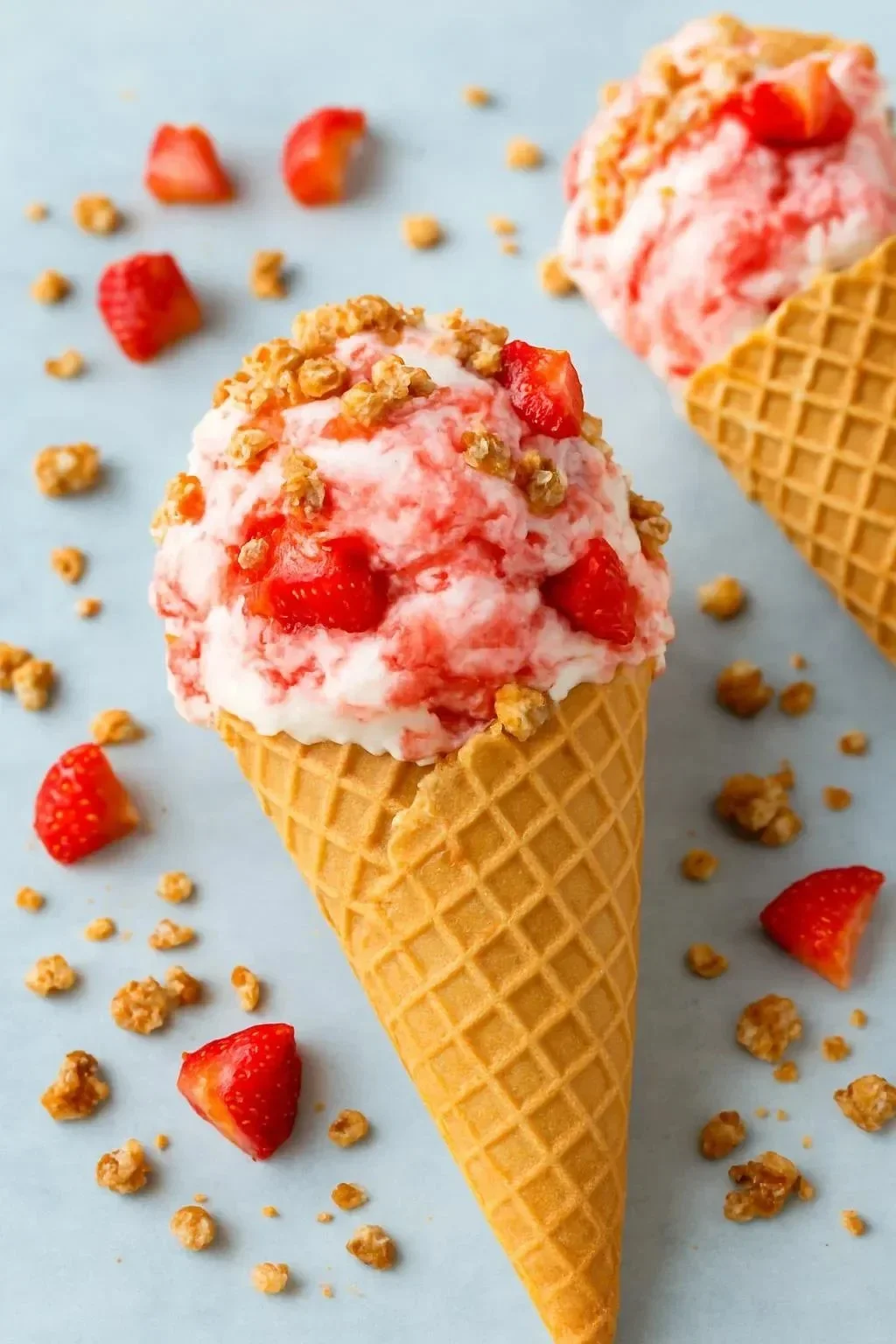 Strawberry crunch cheesecake cones with a creamy filling and crunchy topping.