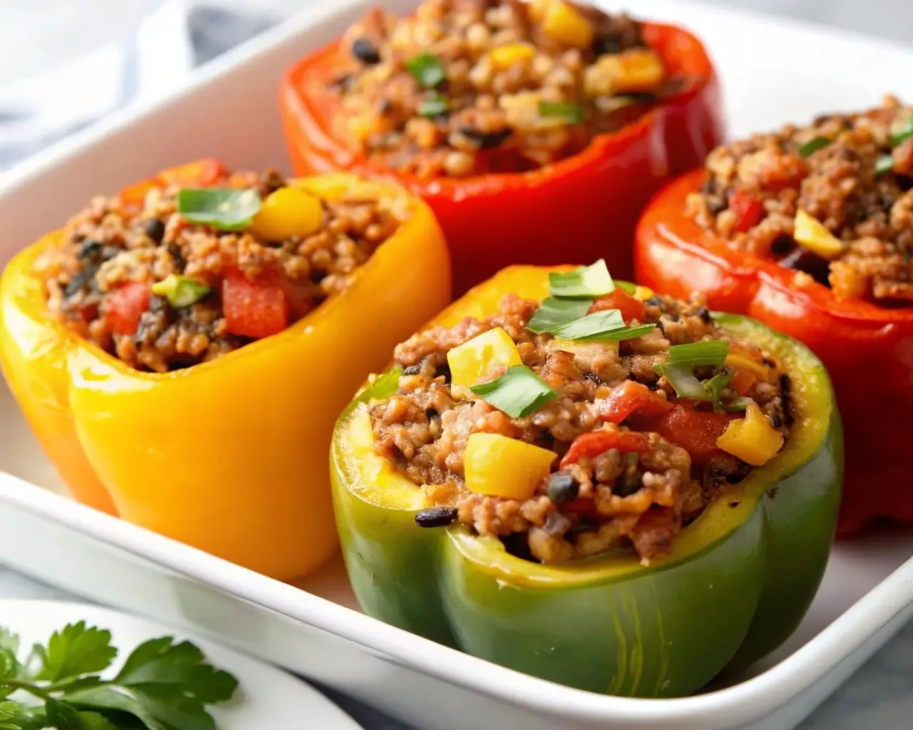 Colorful stuffed peppers filled with rice, meat, and spices on a plate