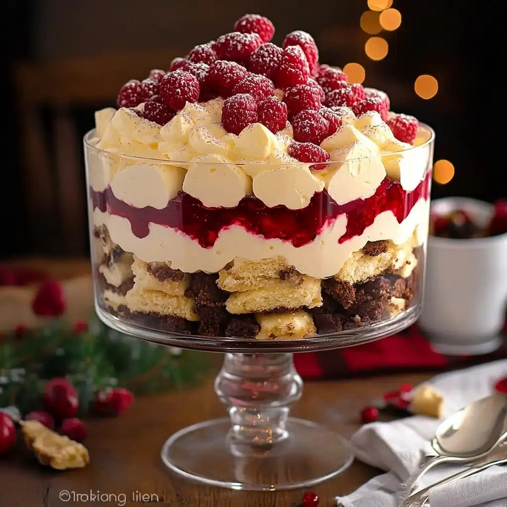 Delicious and colorful Christmas trifle dessert layered with fruit and cream.