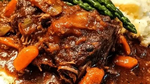 Delicious Italian pot roast served on a plate, garnished with herbs.