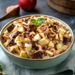 Delicious Snickers Apple Salad with apples, caramel, and candy bars.