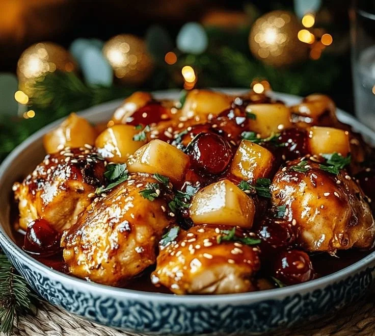 Delicious Sweet Hawaiian Crockpot Chicken served with rice and pineapple
