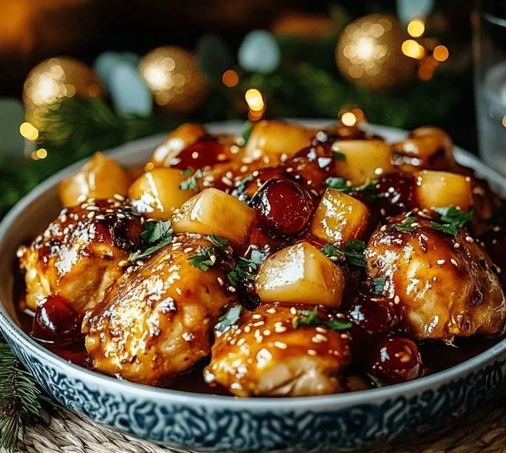 Sweet Hawaiian Crockpot Chicken dish served with pineapple and rice