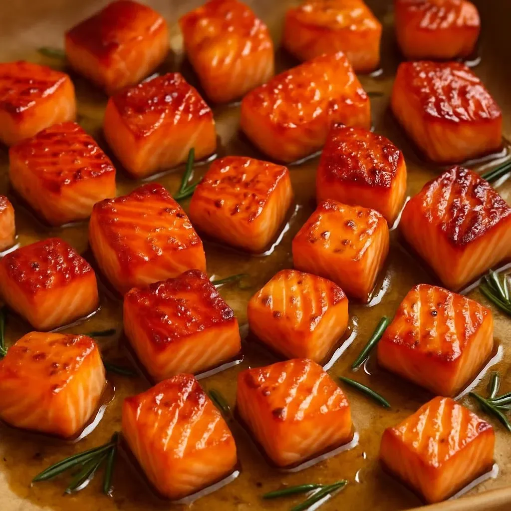 Sweet and smoky candied smoked salmon bites on a platter