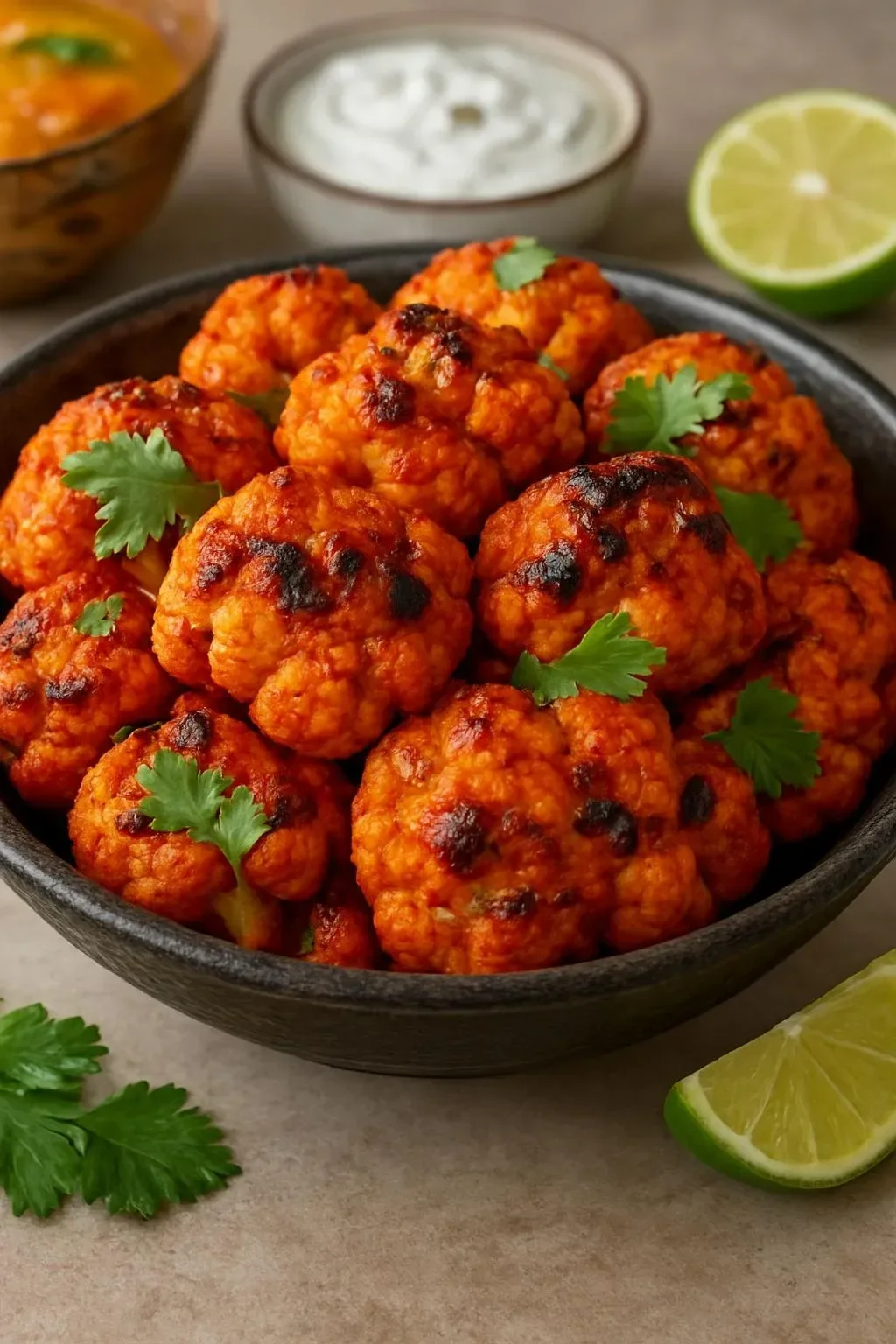Tandoori cauliflower bites garnished with herbs on a plate.