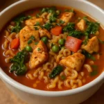Bowl of Thai red curry noodle soup with fresh herbs and vibrant ingredients